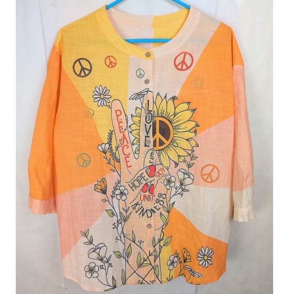 Avery&Maren Tops - Avery & Maren Peace Sign linen orange button up shirt Size XL Boho Hippie Retro